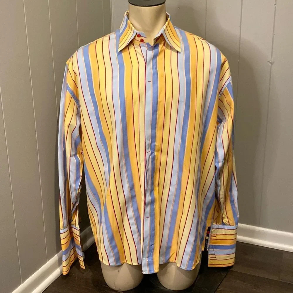 Attitude Soho Large Button Down Dress Shirt Stripes with Hidden Buttons